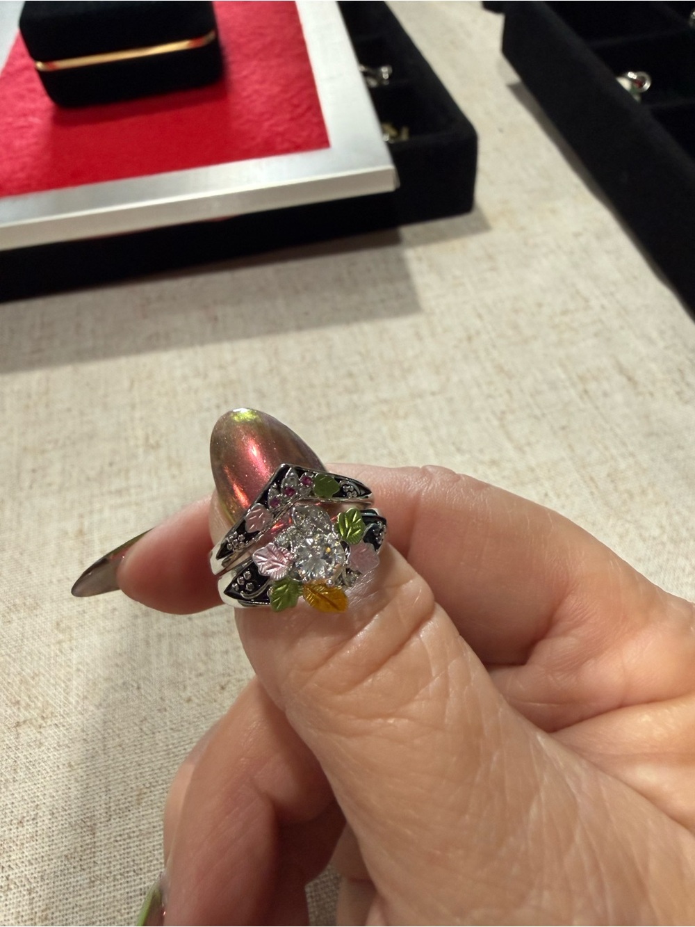 Floral Crystal Accent Silver Ring with Multicolor Enamel Leaves